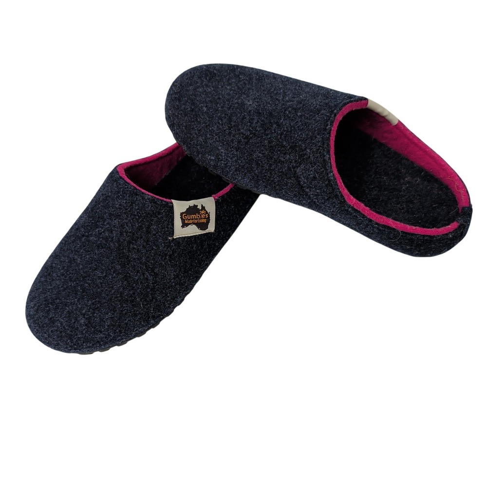 Gumbies Brumby Slippers Womens 5/6 Charcoal Grey Pink Felt Wool Indoor Outdoor